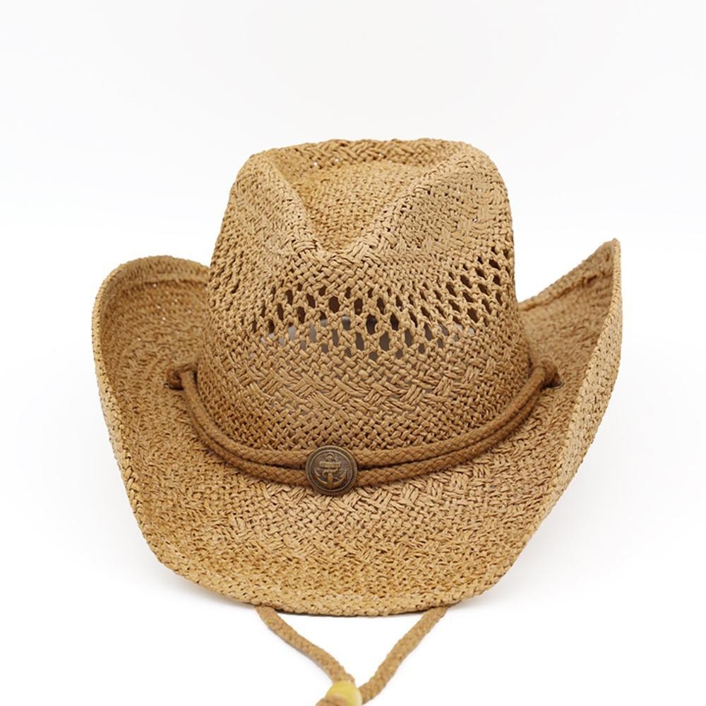 Western Straw Cowboy Hat With Antique Anchor Button & Chin Strap - One Size - 100% Paper view 6