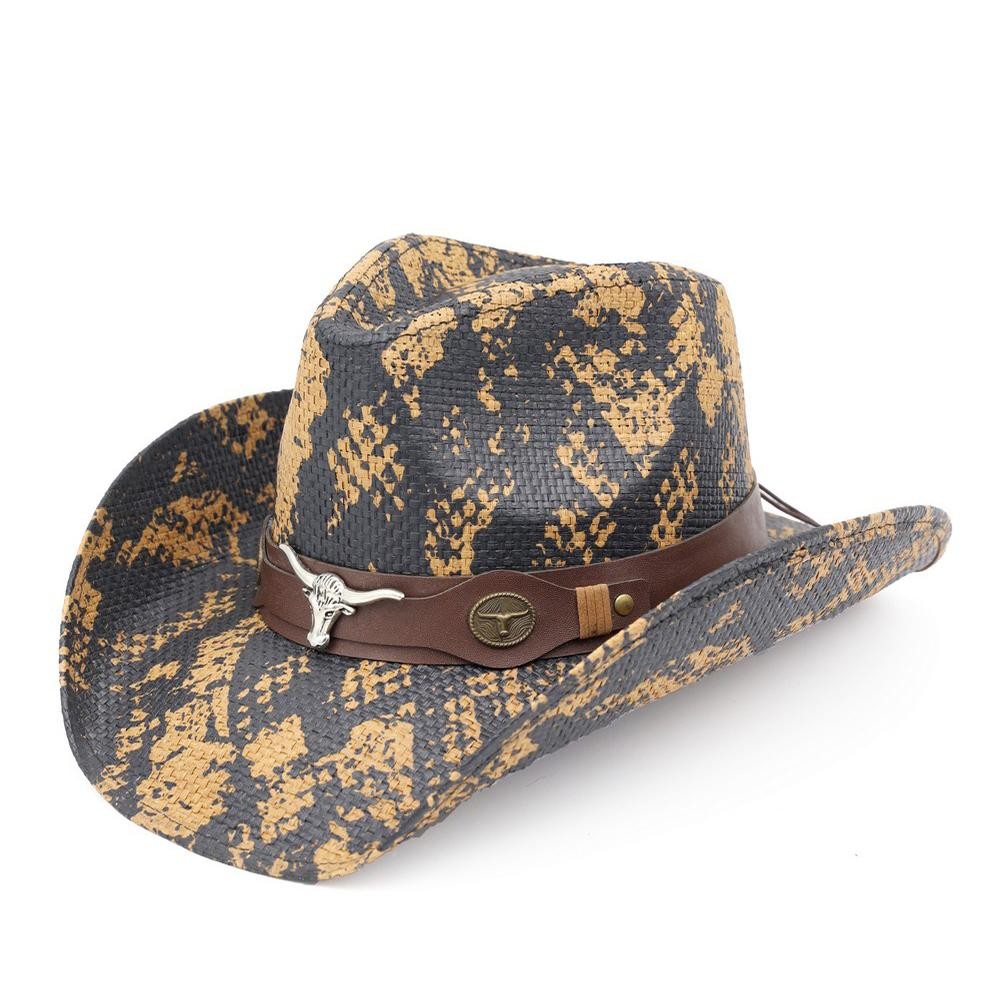 Snake Print Cowboy Hat With Bull Head Accent - One Size - 100% Paper view 4