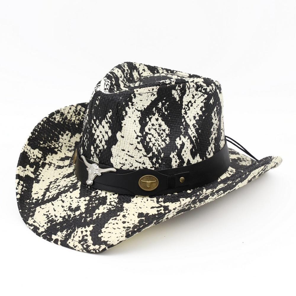 Snake Print Cowboy Hat With Bull Head Accent - One Size - 100% Paper view 4