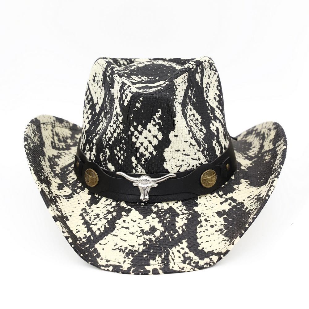 Snake Print Cowboy Hat With Bull Head Accent - One Size - 100% Paper view 6