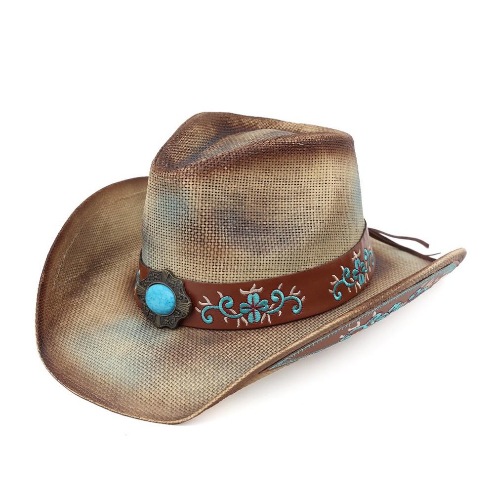 Washed Straw Cowboy Hat With Turquoise Accent & Underside Embroidered Vegan Leather Accent - One Size - 100% Paper view 4