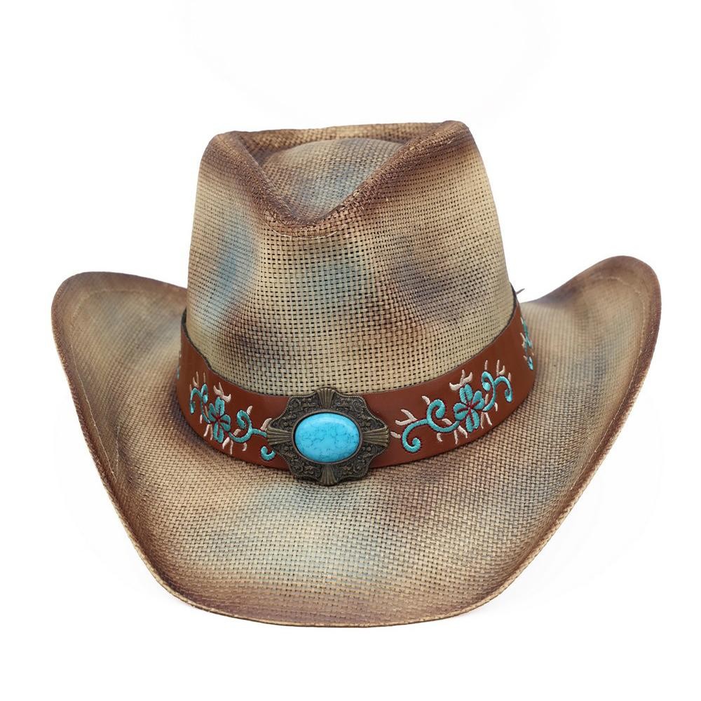Washed Straw Cowboy Hat With Turquoise Accent & Underside Embroidered Vegan Leather Accent - One Size - 100% Paper view 6