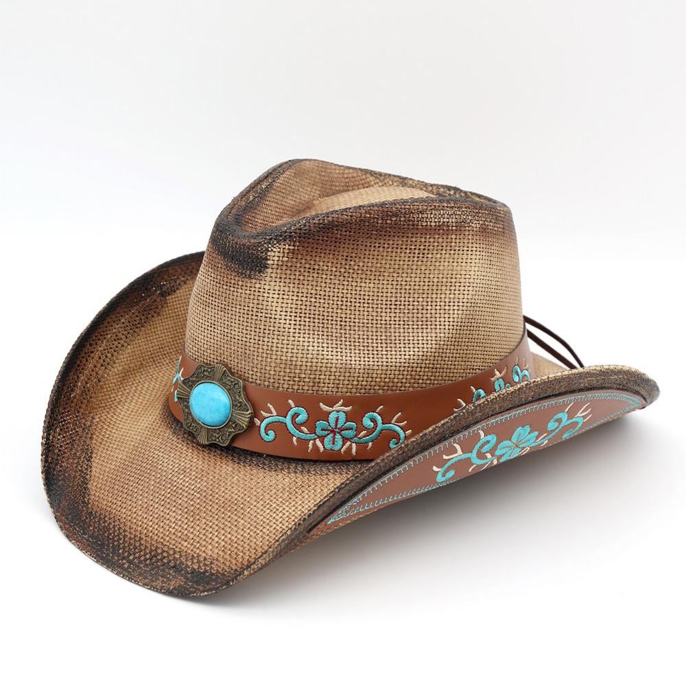 Washed Straw Cowboy Hat With Turquoise Accent & Underside Embroidered Vegan Leather Accent - One Size - 100% Paper view 4