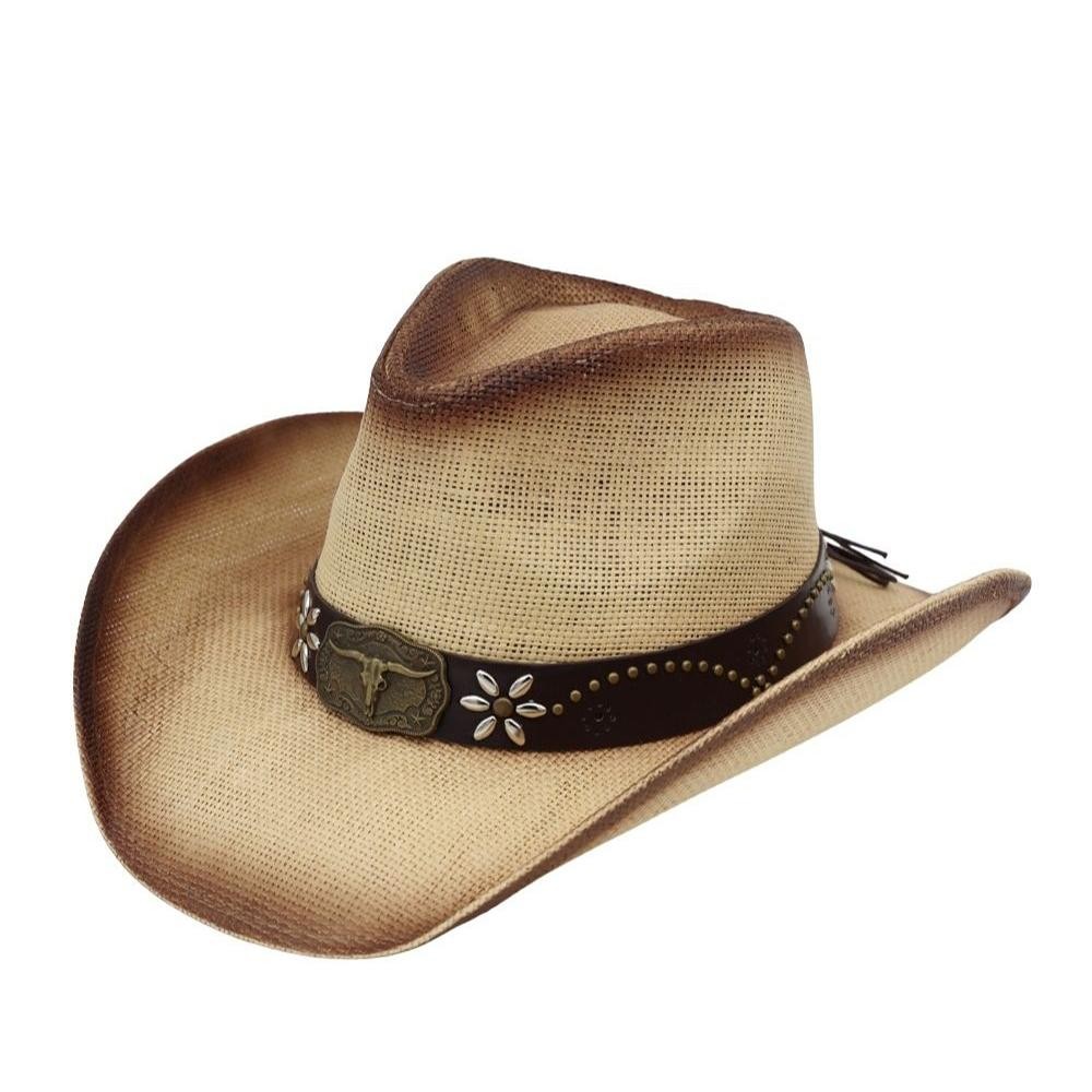 Distressed Straw Cowboy Hat With Metal Bull Buckle & Flower Accents - One Size - 100% Paper view 4