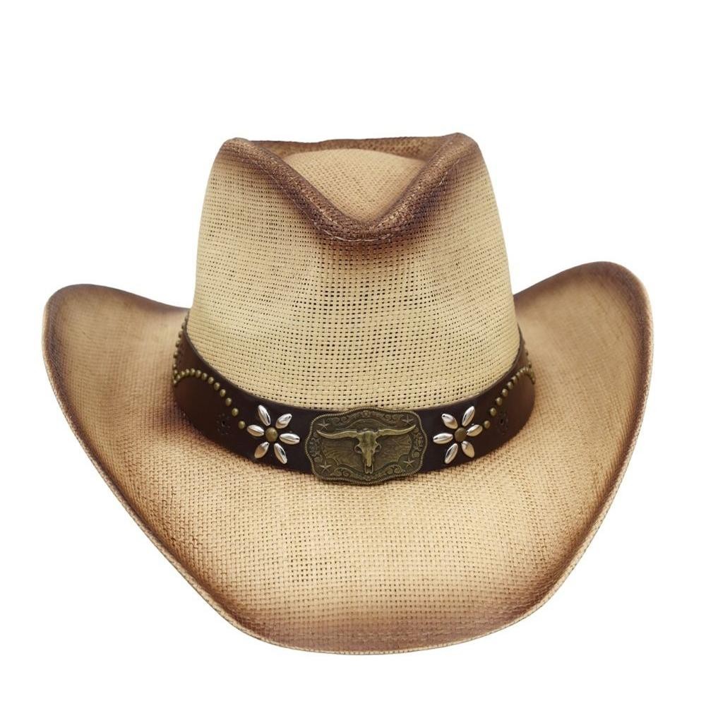 Distressed Straw Cowboy Hat With Metal Bull Buckle & Flower Accents - One Size - 100% Paper view 6