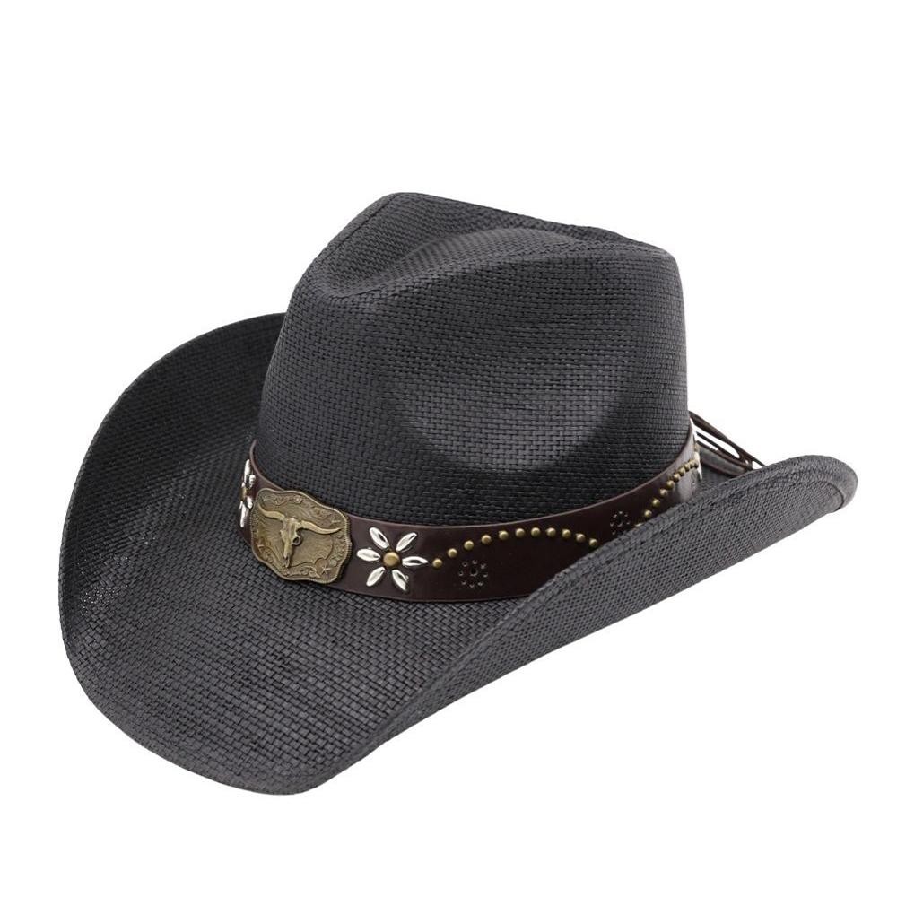 Distressed Straw Cowboy Hat With Metal Bull Buckle & Flower Accents - One Size - 100% Paper view 4