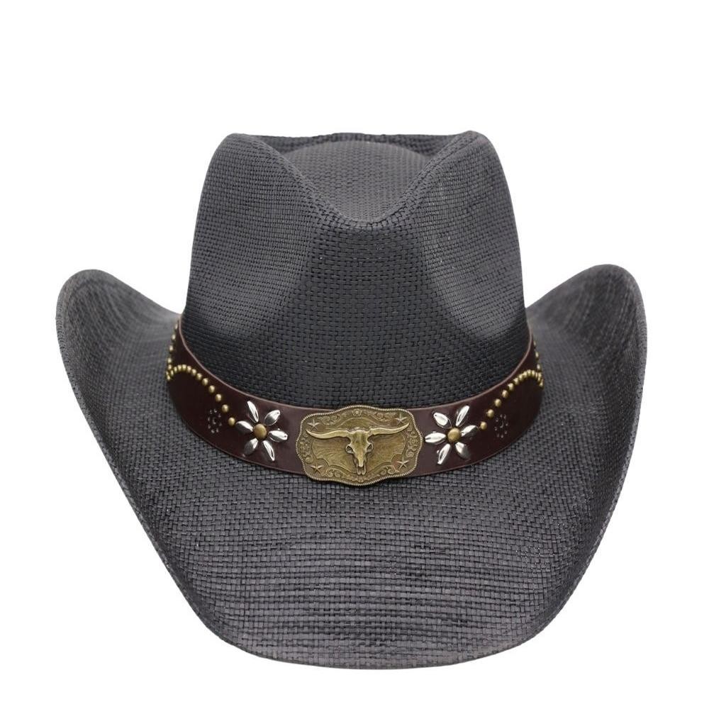 Distressed Straw Cowboy Hat With Metal Bull Buckle & Flower Accents - One Size - 100% Paper view 6