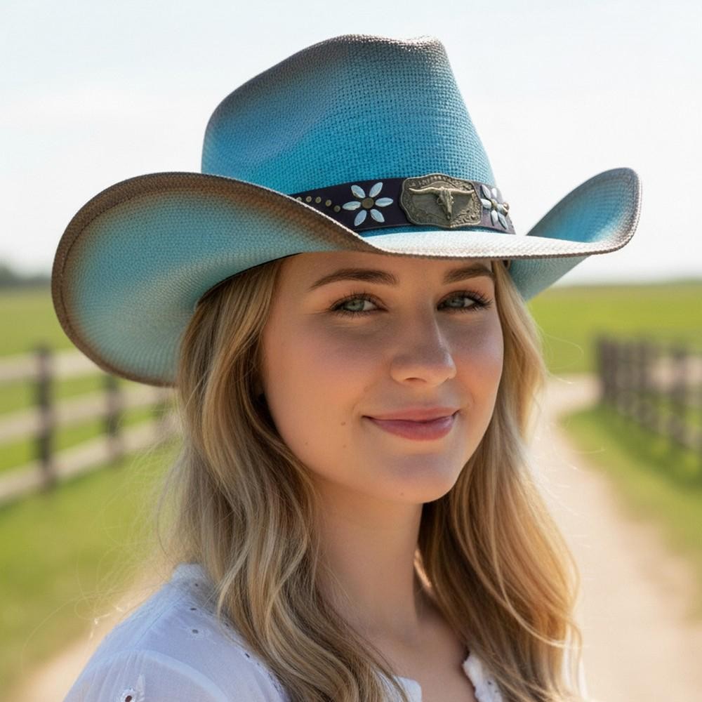Distressed Straw Cowboy Hat With Metal Bull Buckle & Flower Accents - One Size - 100% Paper view 2