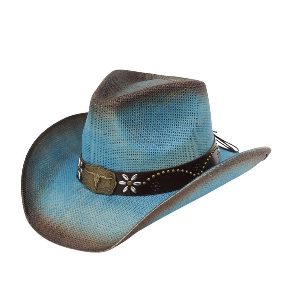 Distressed Straw Cowboy Hat With Metal Bull Buckle & Flower Accents - One Size - 100% Paper view 4