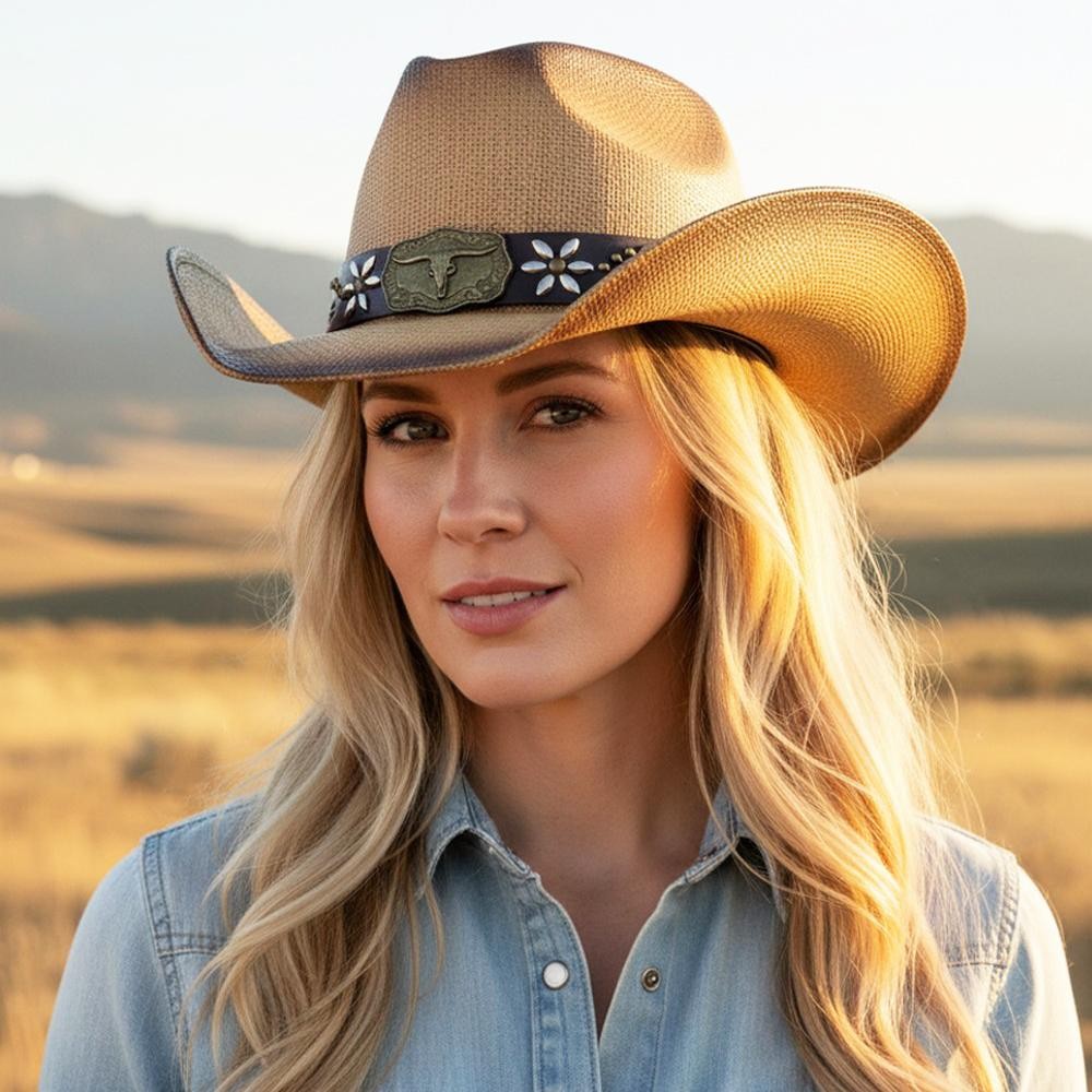 Distressed Straw Cowboy Hat With Metal Bull Buckle & Flower Accents - One Size - 100% Paper view 2