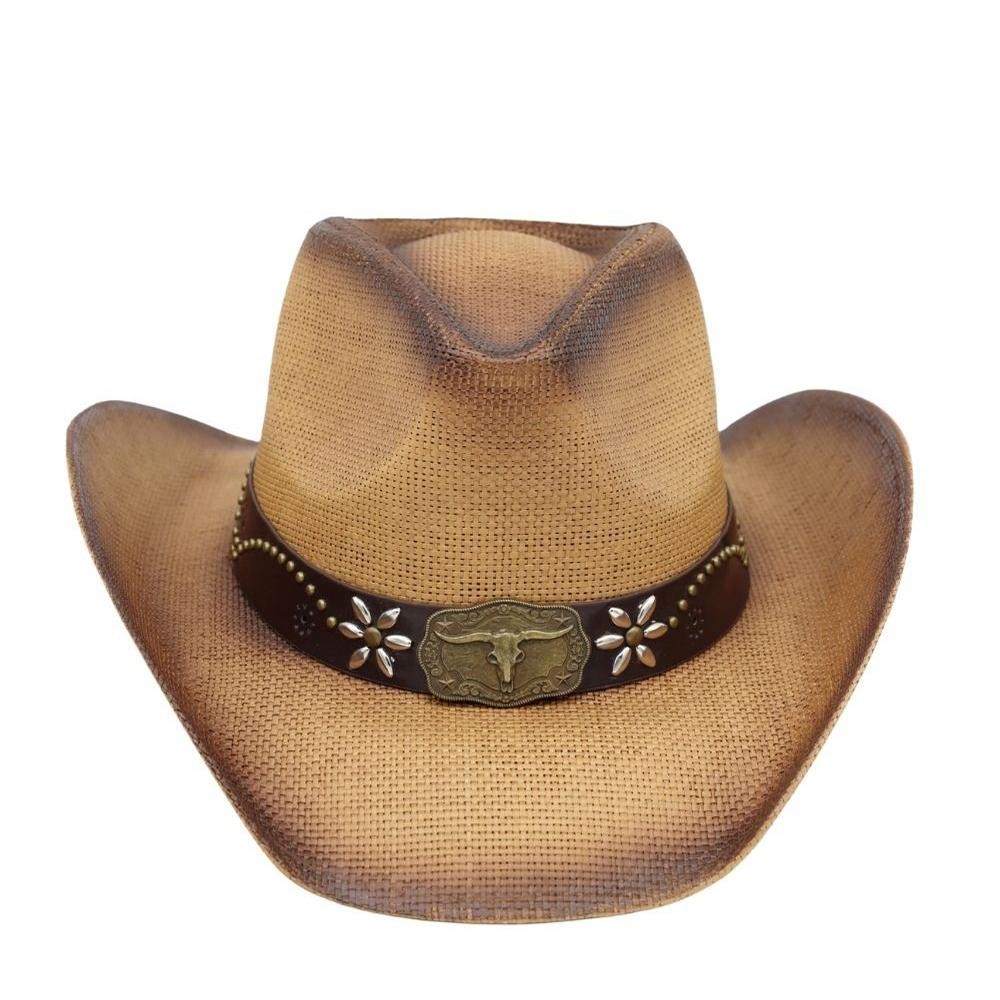 Distressed Straw Cowboy Hat With Metal Bull Buckle & Flower Accents - One Size - 100% Paper view 6