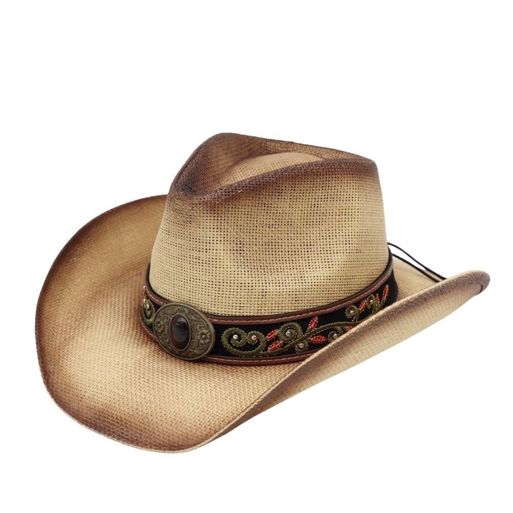 Distressed Straw Cowboy Hat With Orate Vegan Leather Band - One Size - 100% Paper view 4