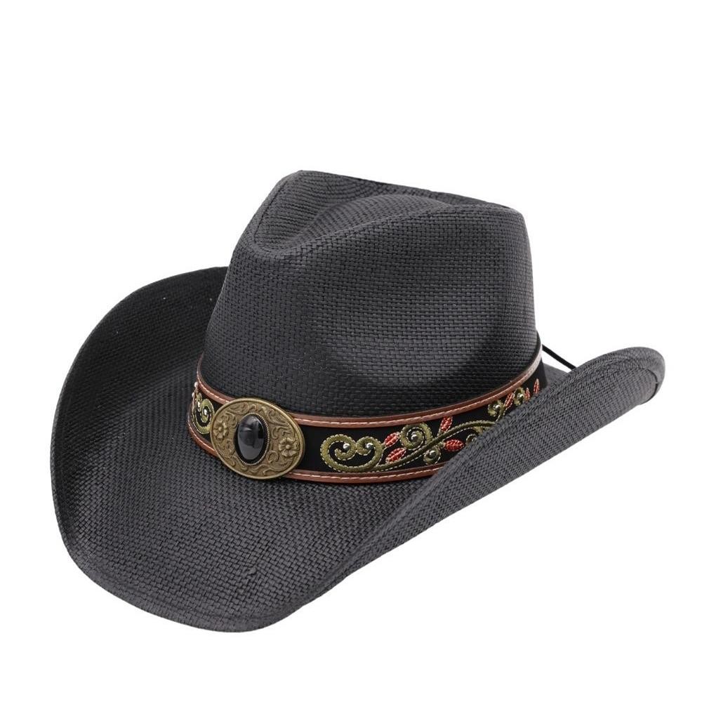 Distressed Straw Cowboy Hat With Orate Vegan Leather Band - One Size - 100% Paper view 4