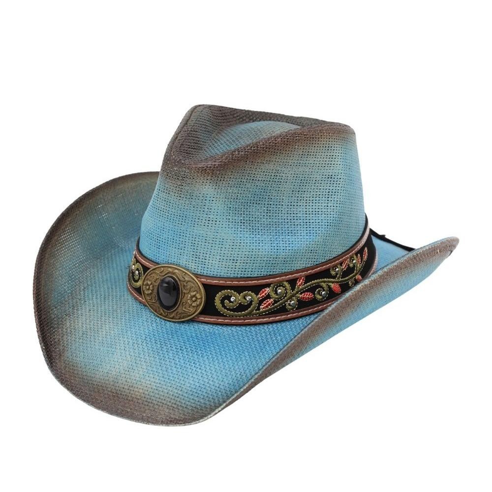 Distressed Straw Cowboy Hat With Orate Vegan Leather Band - One Size - 100% Paper view 4
