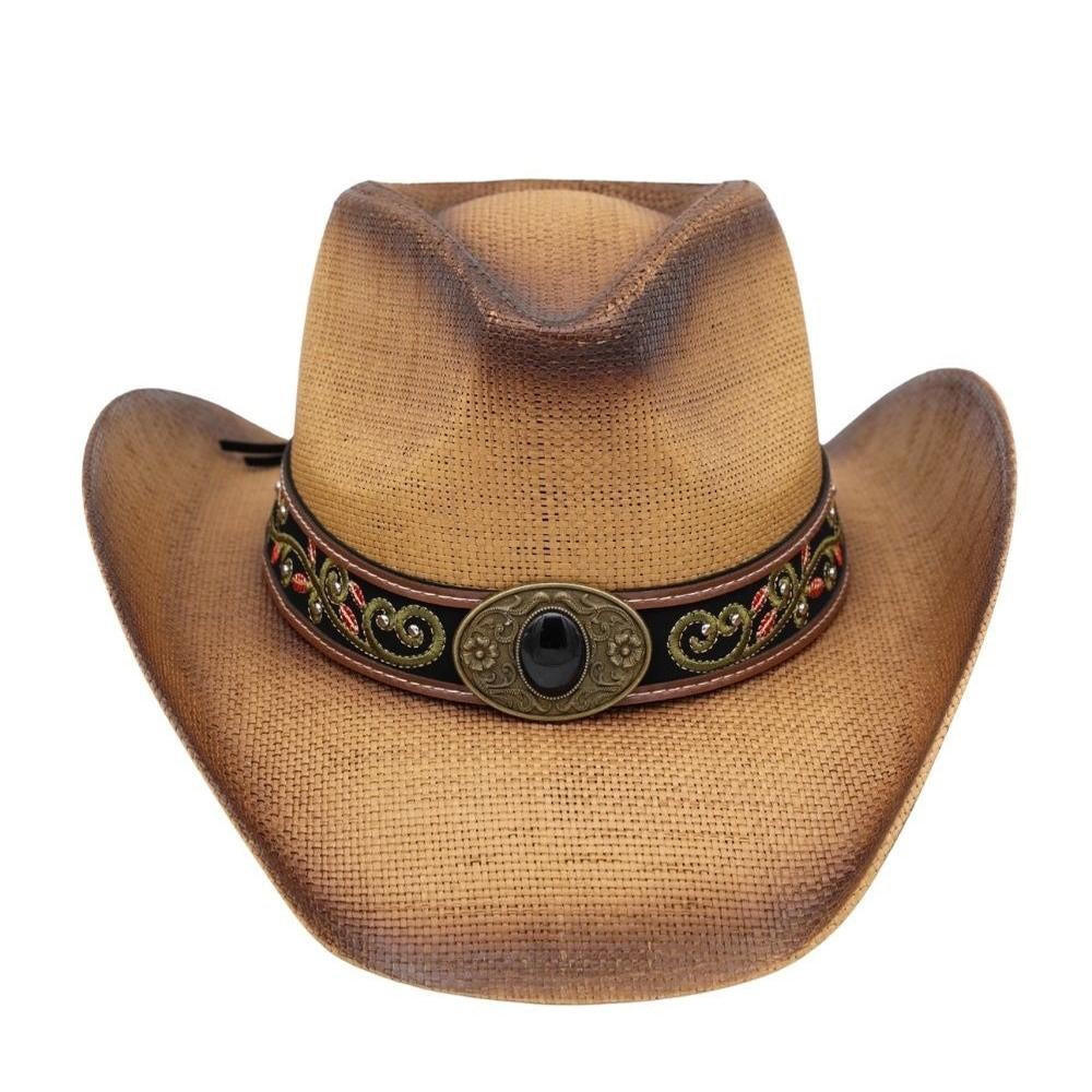 Distressed Straw Cowboy Hat With Orate Vegan Leather Band - One Size - 100% Paper view 6