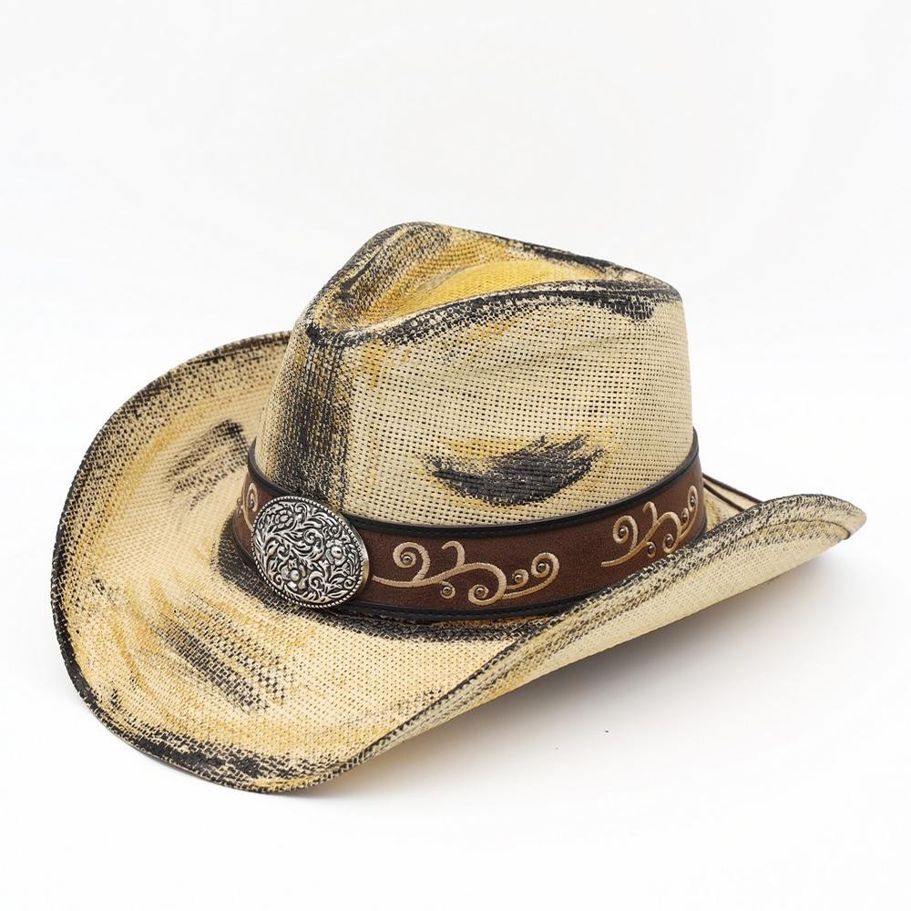 Antique Wash Straw Cowboy Hat With Orate Oval Buckle & Vegan Leather Band - One Size - 100% Paper view 6