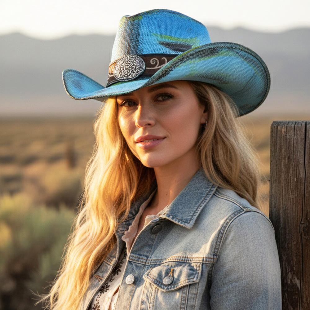 Antique Wash Straw Cowboy Hat With Orate Oval Buckle & Vegan Leather Band - One Size - 100% Paper view 2