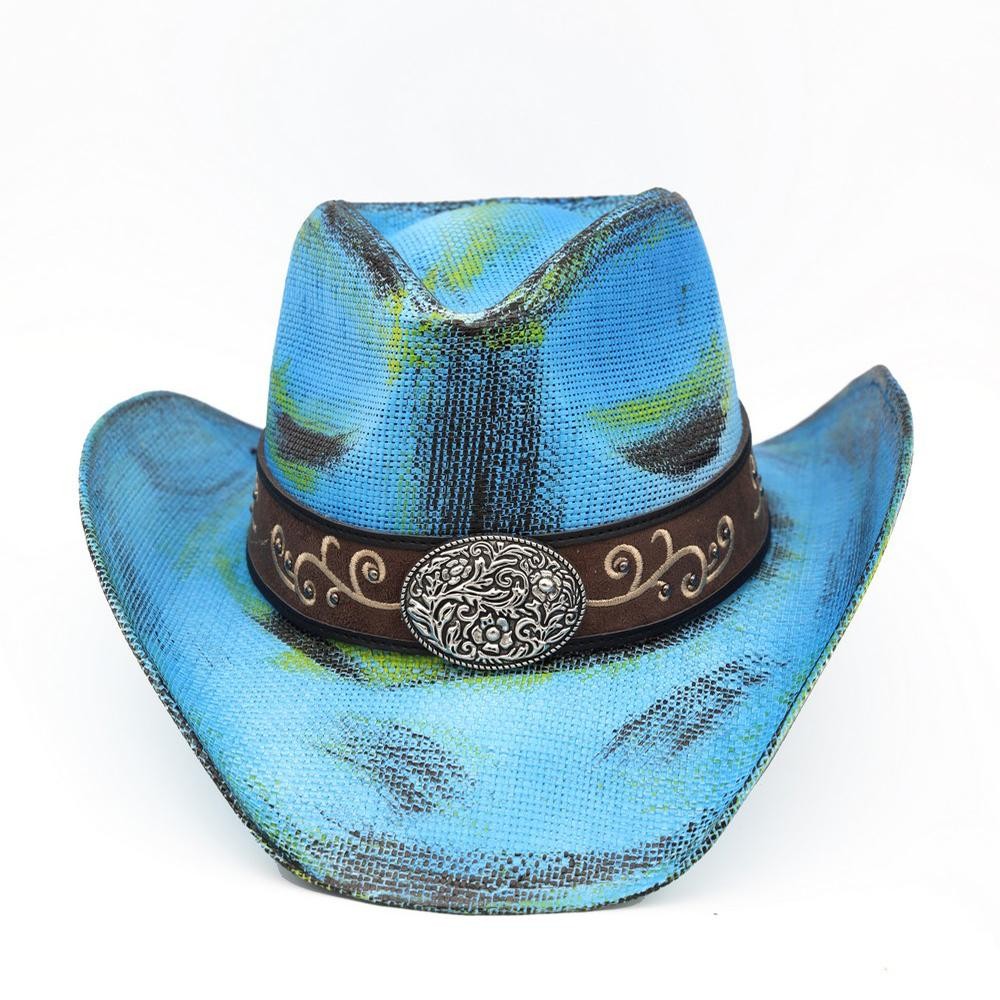 Antique Wash Straw Cowboy Hat With Orate Oval Buckle & Vegan Leather Band - One Size - 100% Paper view 6