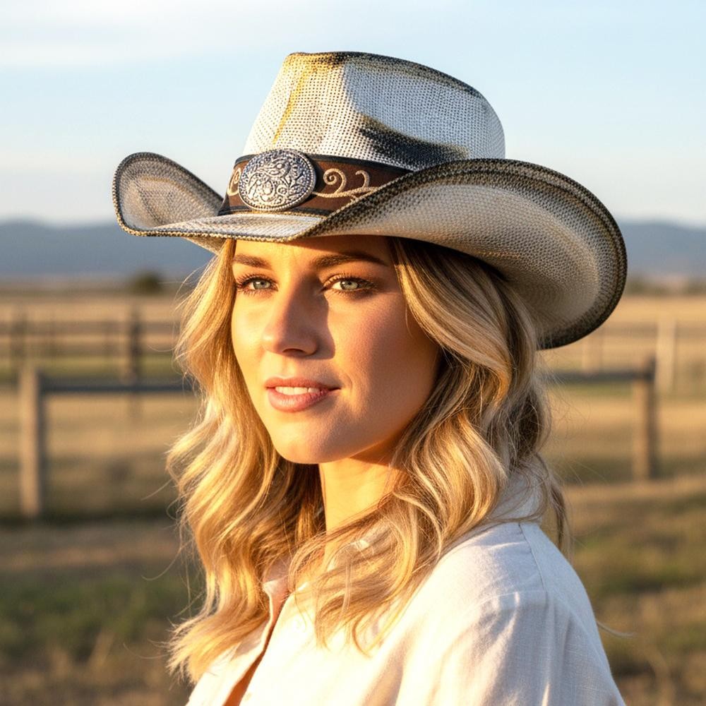 Antique Wash Straw Cowboy Hat With Orate Oval Buckle & Vegan Leather Band - One Size - 100% Paper view 4