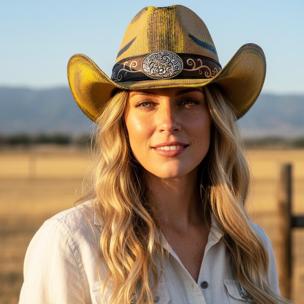 Antique Wash Straw Cowboy Hat With Orate Oval Buckle & Vegan Leather Band - One Size - 100% Paper view 2