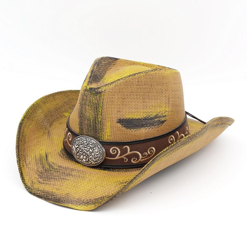 Antique Wash Straw Cowboy Hat With Orate Oval Buckle & Vegan Leather Band - One Size - 100% Paper view 4