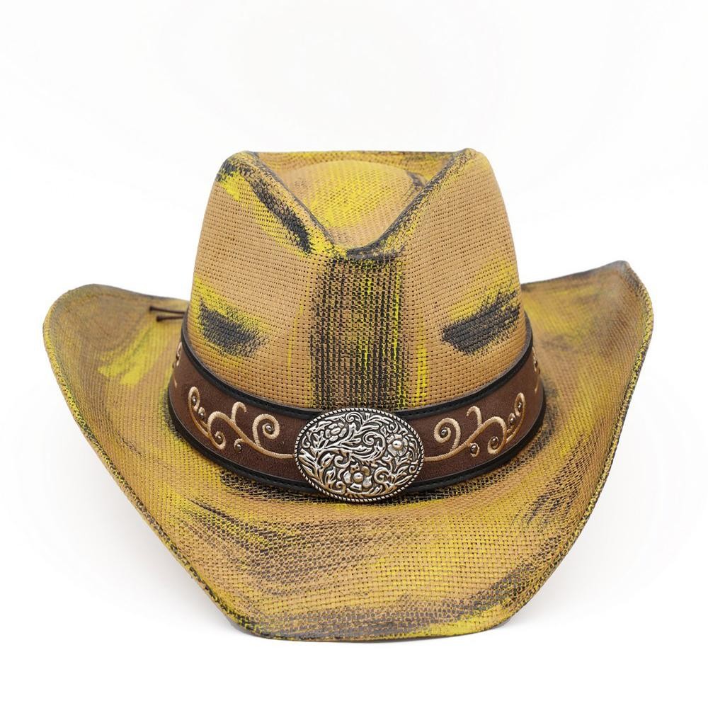 Antique Wash Straw Cowboy Hat With Orate Oval Buckle & Vegan Leather Band - One Size - 100% Paper view 6
