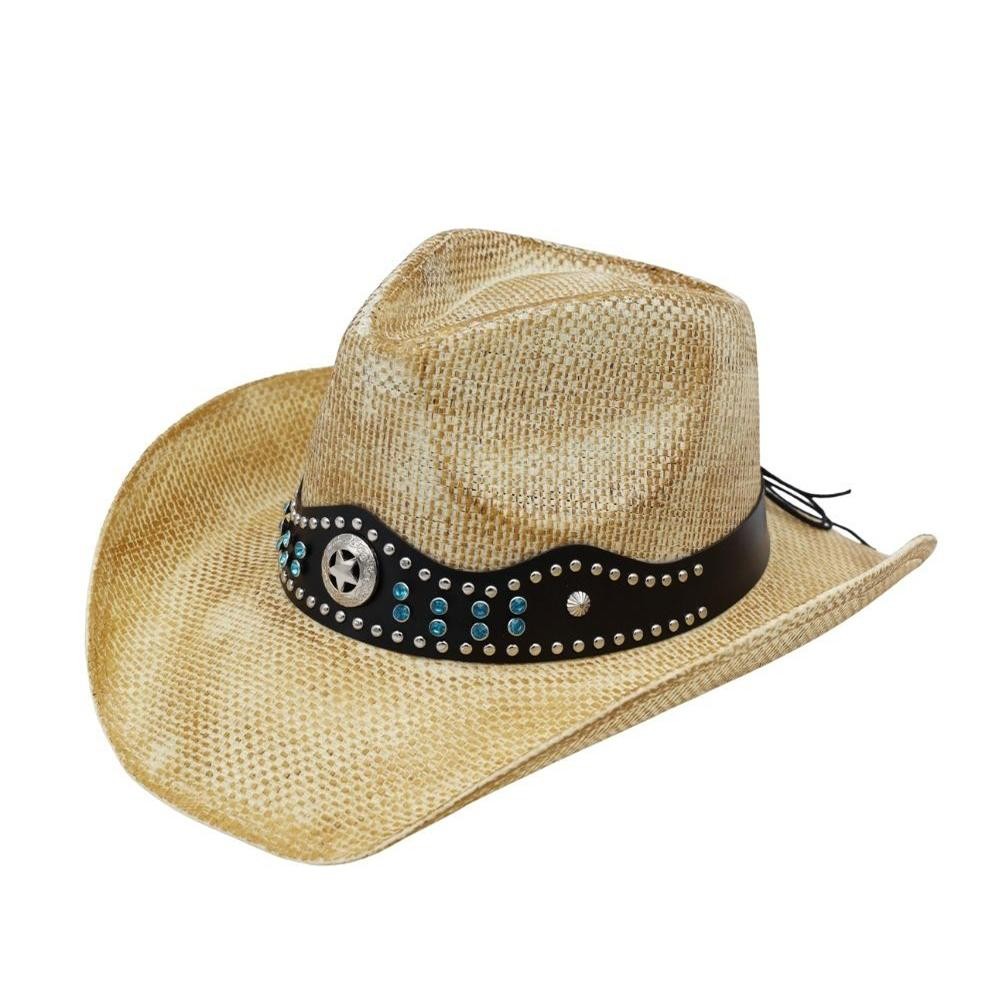 Rustic Straw Cowboy Hat With Silver & Turquoise Studs & Vegan Leather Band - One Size - 100% Paper view 4