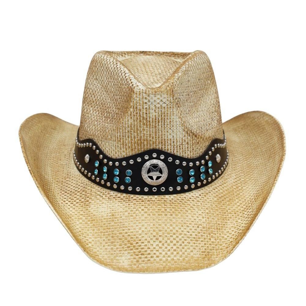 Rustic Straw Cowboy Hat With Silver & Turquoise Studs & Vegan Leather Band - One Size - 100% Paper view 6