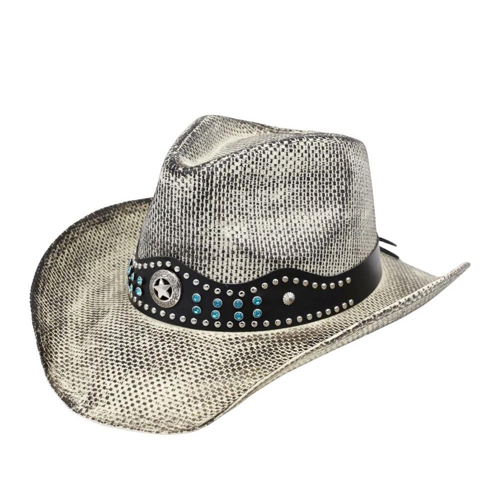 Rustic Straw Cowboy Hat With Silver & Turquoise Studs & Vegan Leather Band - One Size - 100% Paper view 4