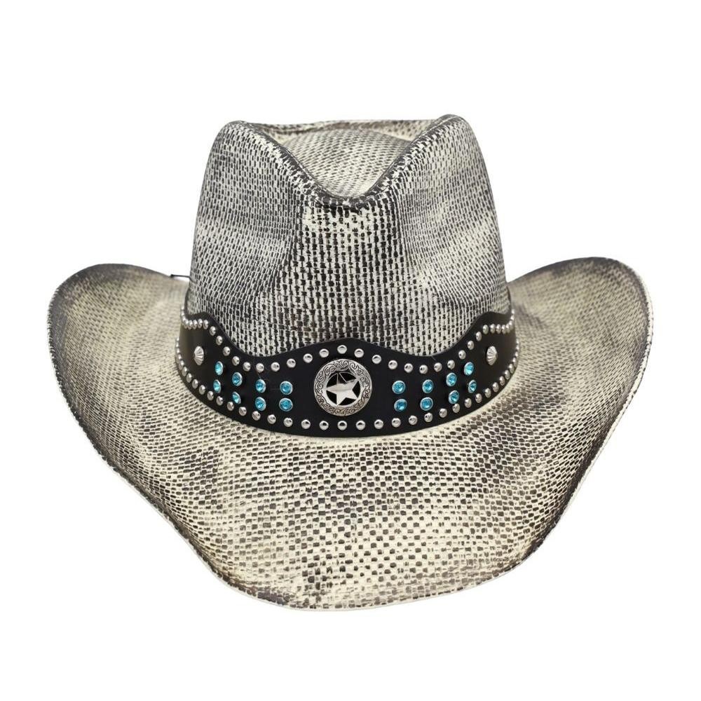 Rustic Straw Cowboy Hat With Silver & Turquoise Studs & Vegan Leather Band - One Size - 100% Paper view 6