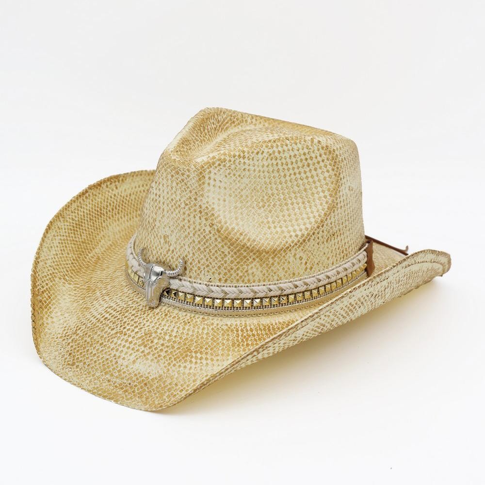 Homemade Vintage Cowboy Hat With Silver Bull Head & Multi Band - One Size - 100% Paper view 6