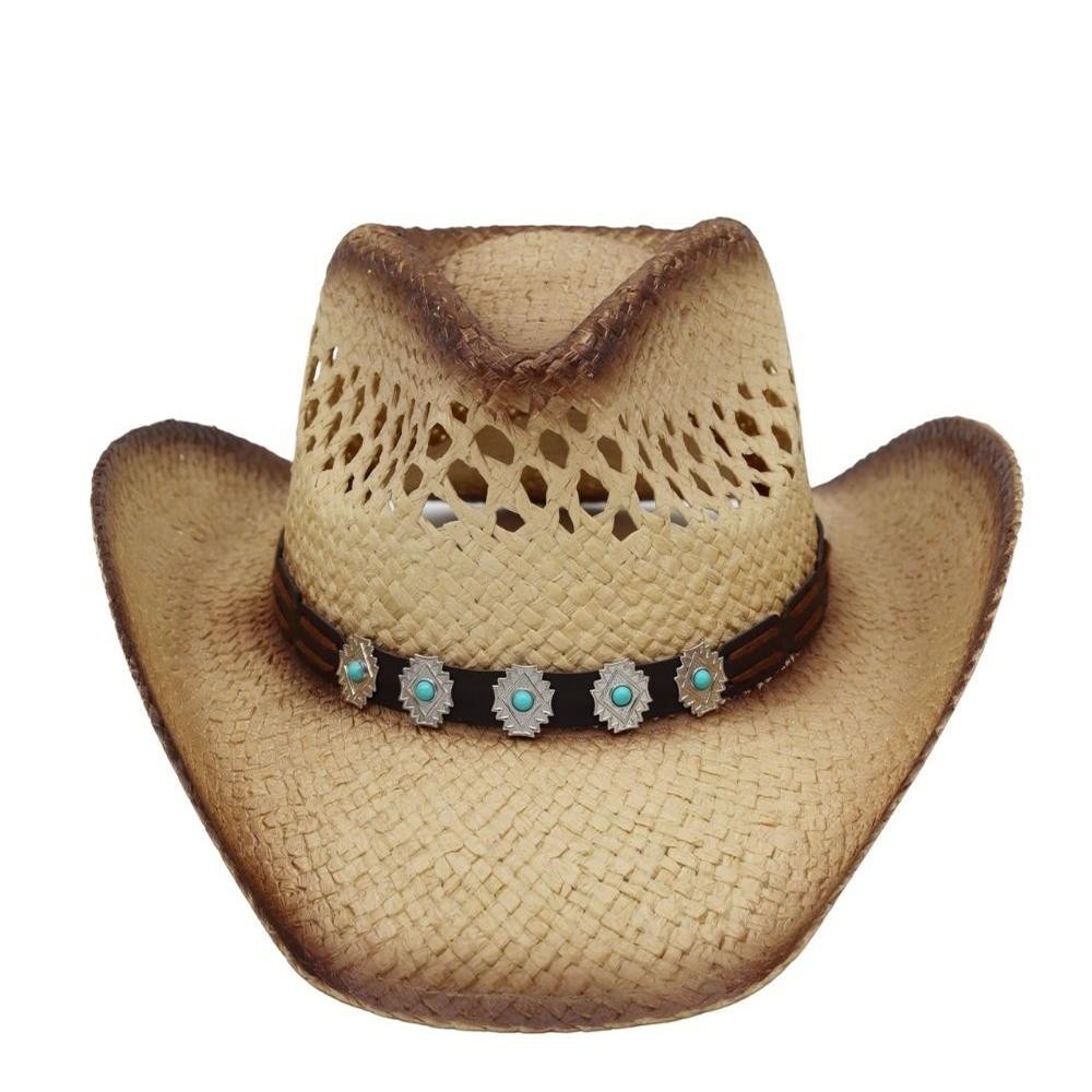 Aged, Two-Tone Cowboy Hat With Turquoise Stone & Faux Leather Band - One Size - 100% Paper view 6