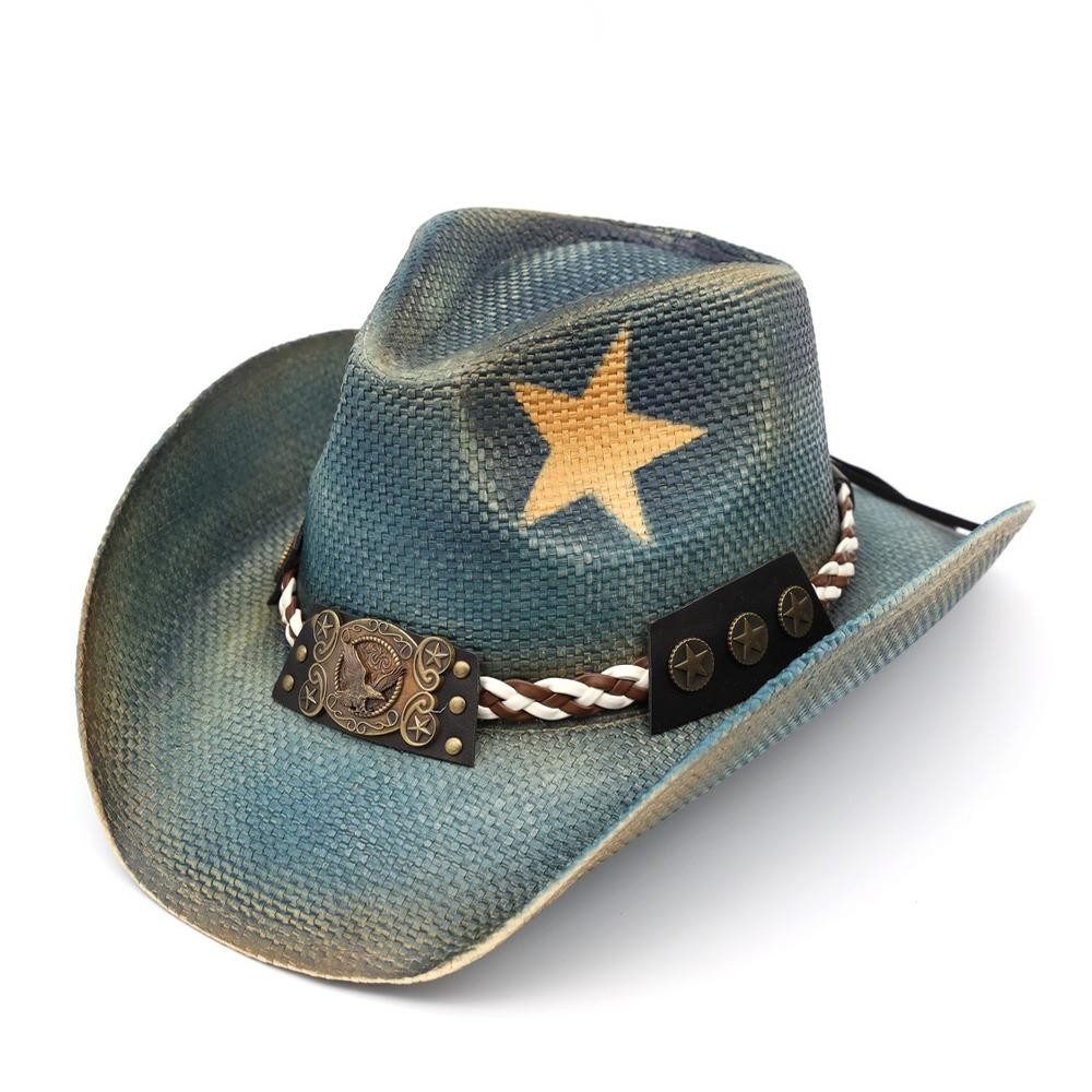 Distressed Cowboy Hat With Brass Tone Eagle Buckle, Braided Rope, & Star Detail - One Size - 100% Paper view 4