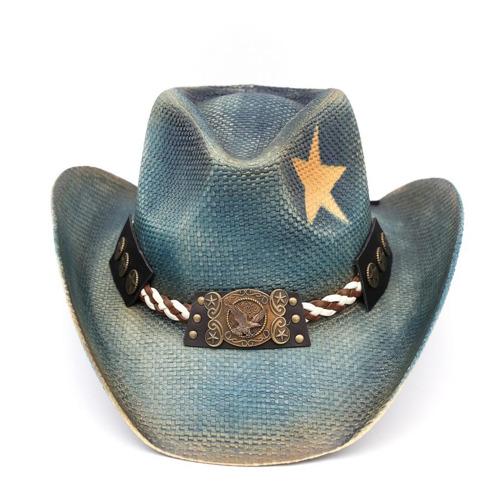 Distressed Cowboy Hat With Brass Tone Eagle Buckle, Braided Rope, & Star Detail - One Size - 100% Paper view 6