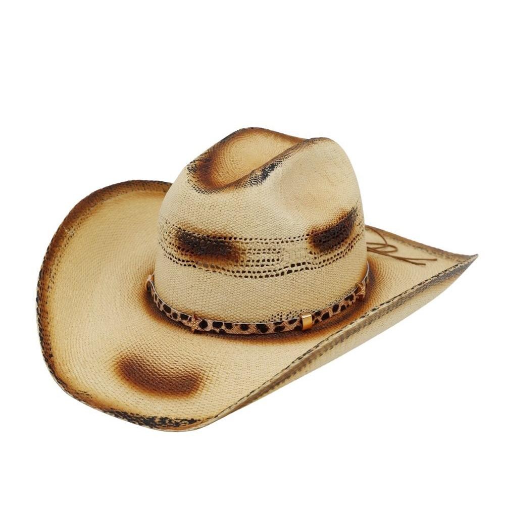 Distressed Two-Tone Cowboy Hat With Leopard Print Band & Stars - One Size - 100% Paper view 4