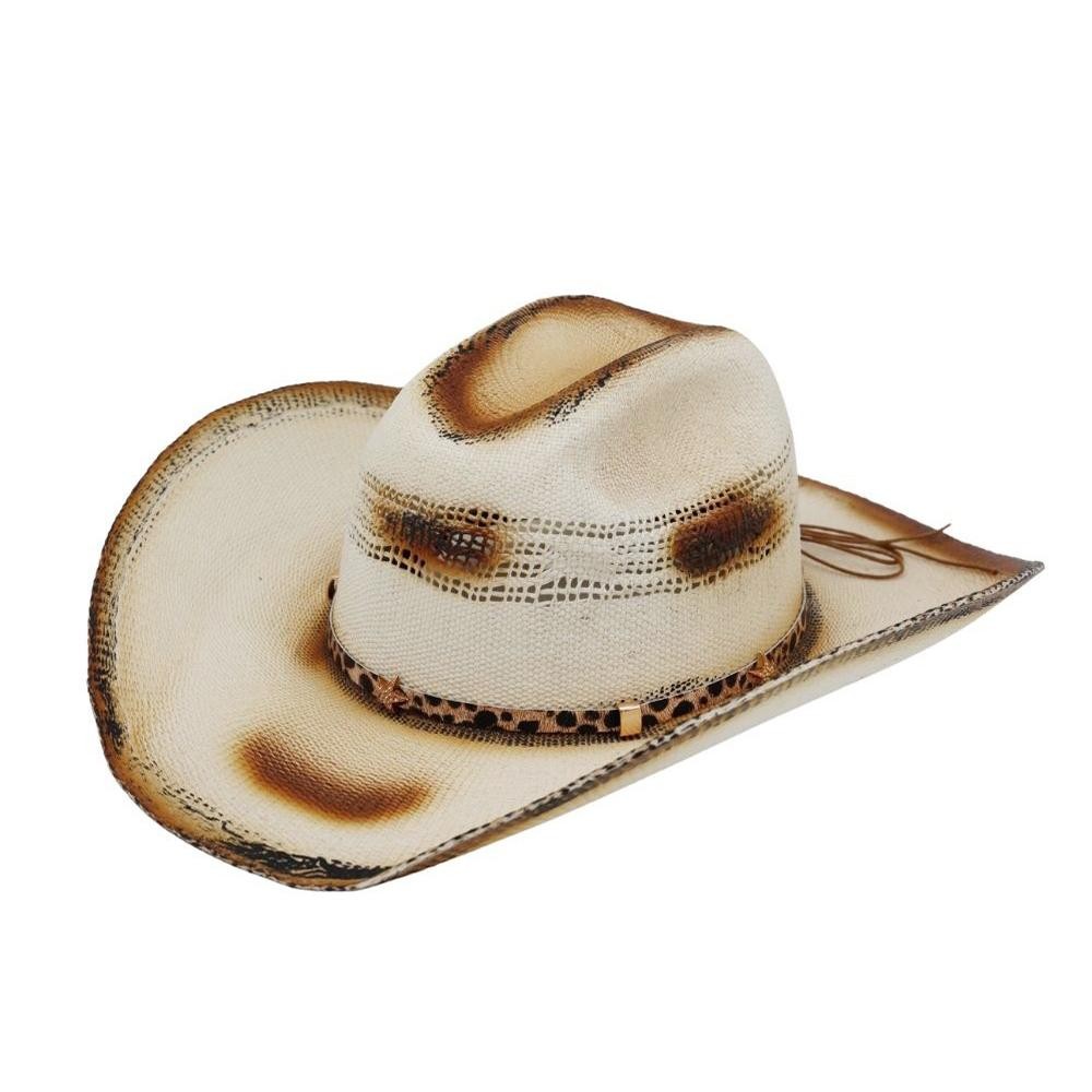 Distressed Two-Tone Cowboy Hat With Leopard Print Band & Stars - One Size - 100% Paper view 4