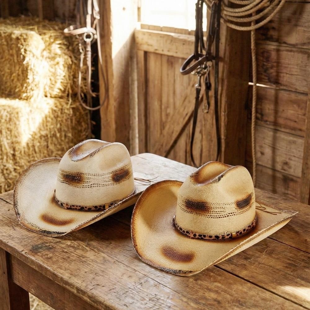 Distressed Two-Tone Cowboy Hat With Leopard Print Band & Stars - One Size - 100% Paper view 6