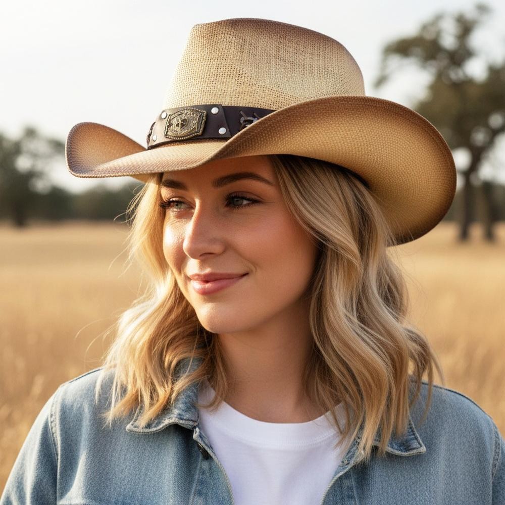 Rustic Cowboy Hat With Chain & Concho Detail & Vegan Leather Band - One Size - 100% Paper view 2