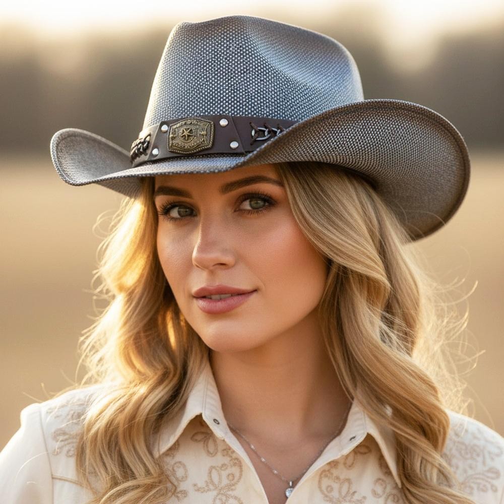 Rustic Cowboy Hat With Chain & Concho Detail & Vegan Leather Band - One Size - 100% Paper view 2