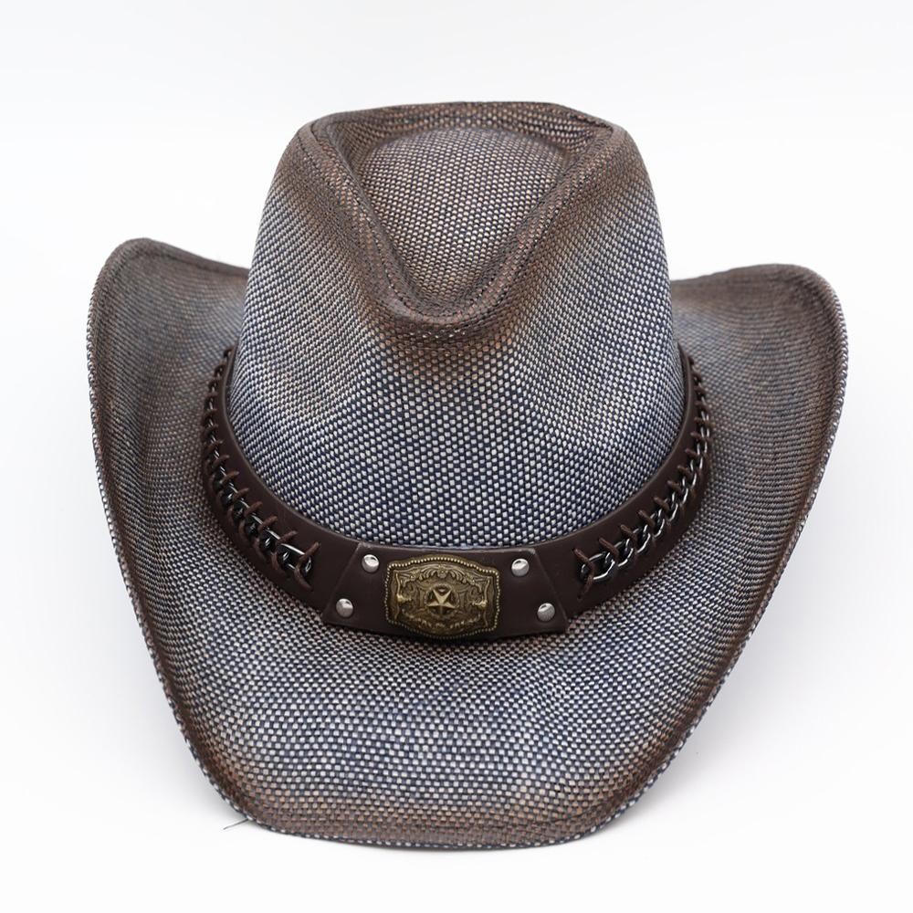 Rustic Cowboy Hat With Chain & Concho Detail & Vegan Leather Band - One Size - 100% Paper view 6