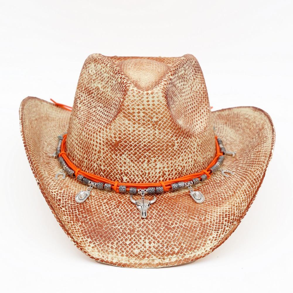 Painted Cowboy Hat With Western Bull Head, Hat, Boot, & Cactus Charms - One Size - 100% Paper view 6