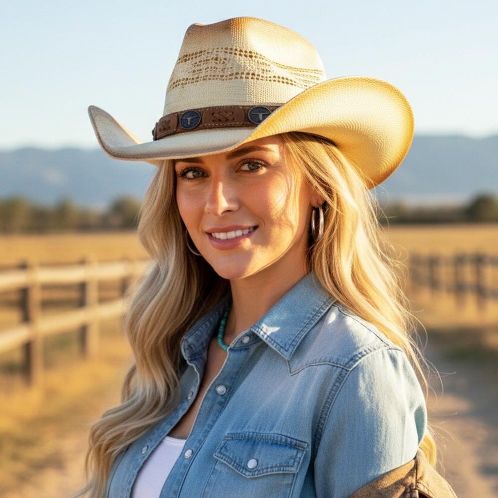 Aged, Straw Cowboy Hat With Suede Stitched Details & Steer Head Concho - One Size - 100% Paper view 2