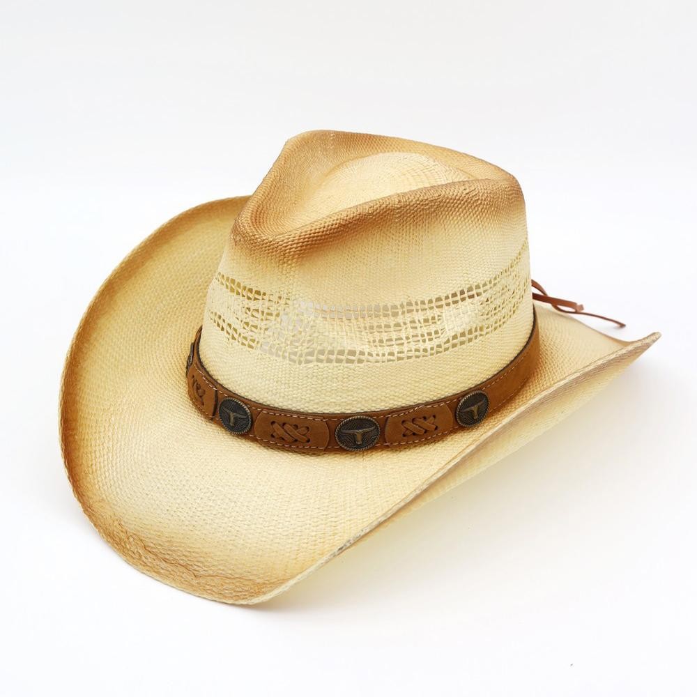 Aged, Straw Cowboy Hat With Suede Stitched Details & Steer Head Concho - One Size - 100% Paper view 4