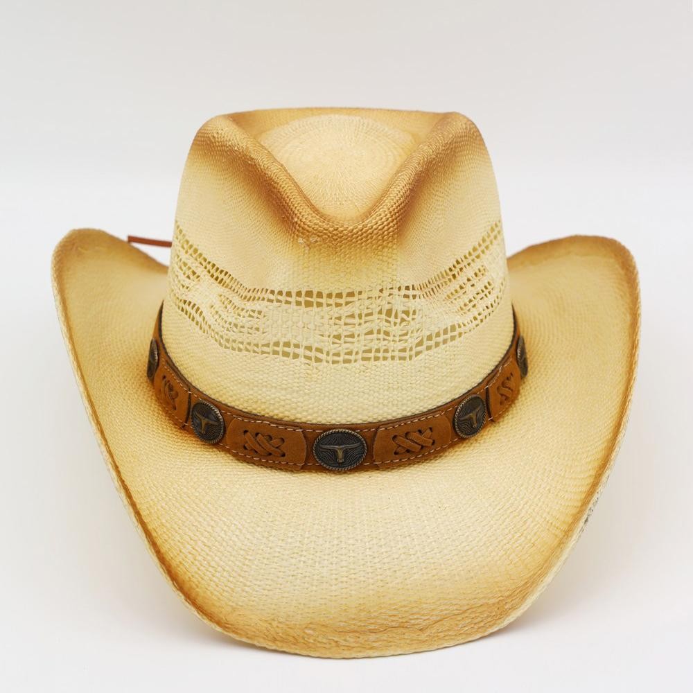 Aged, Straw Cowboy Hat With Suede Stitched Details & Steer Head Concho - One Size - 100% Paper view 6