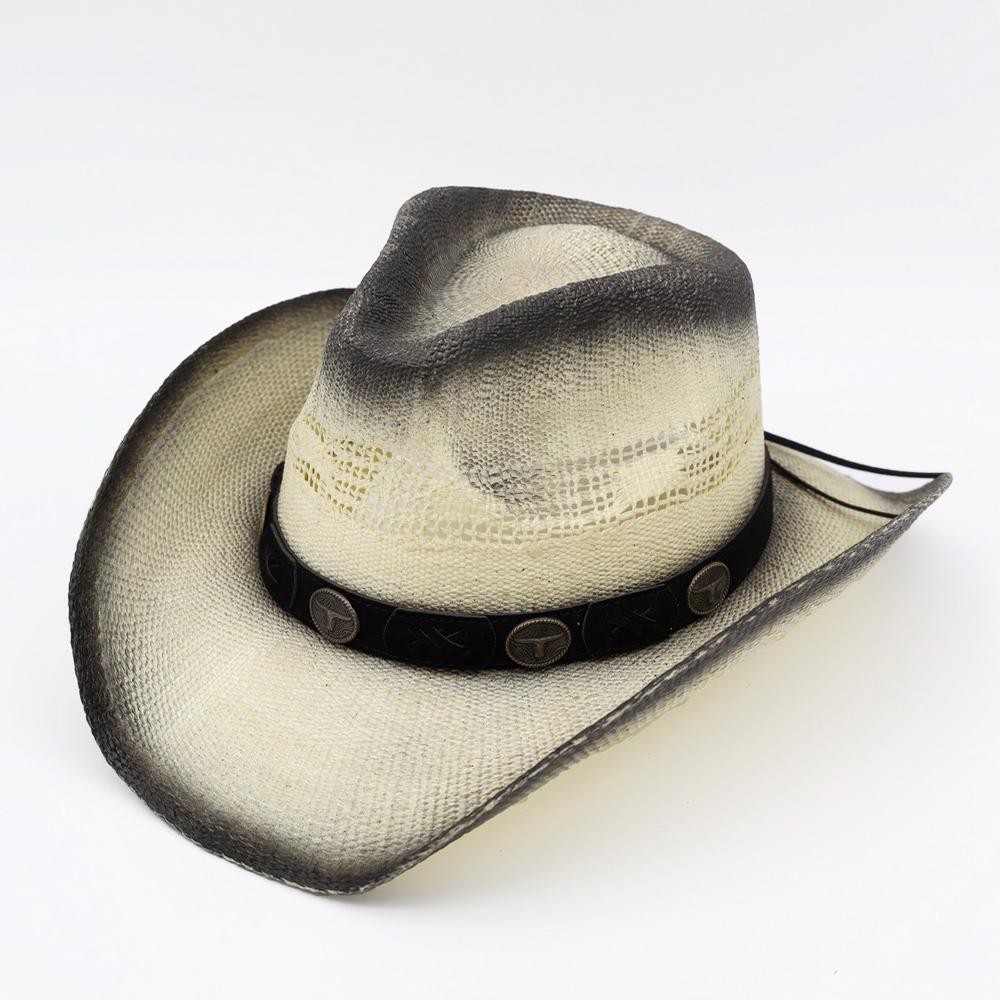 Aged, Straw Cowboy Hat With Suede Stitched Details & Steer Head Concho - One Size - 100% Paper view 4