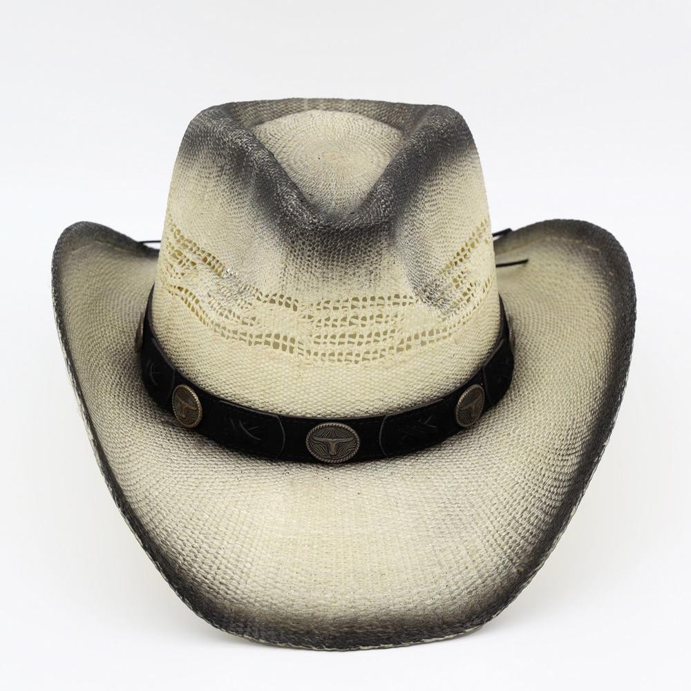 Aged, Straw Cowboy Hat With Suede Stitched Details & Steer Head Concho - One Size - 100% Paper view 6