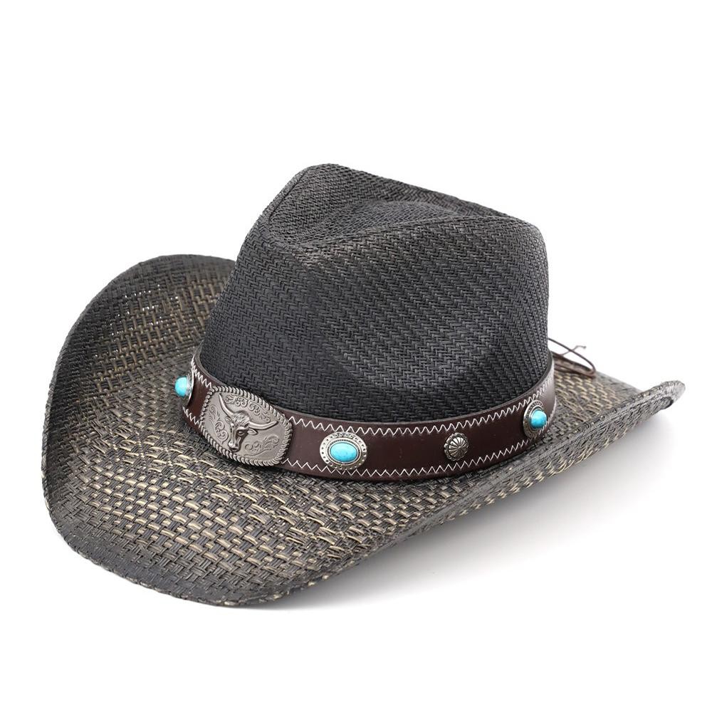 Western Straw Cowboy Hat With Turquoise Stone Concho & Bull Emblem Buckle Band - One Size - 100% Paper view 4
