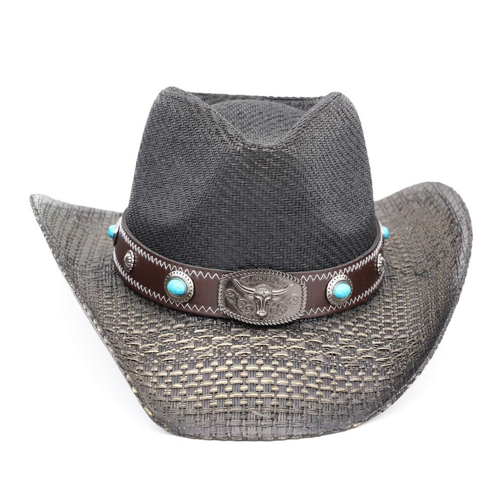 Western Straw Cowboy Hat With Turquoise Stone Concho & Bull Emblem Buckle Band - One Size - 100% Paper view 6