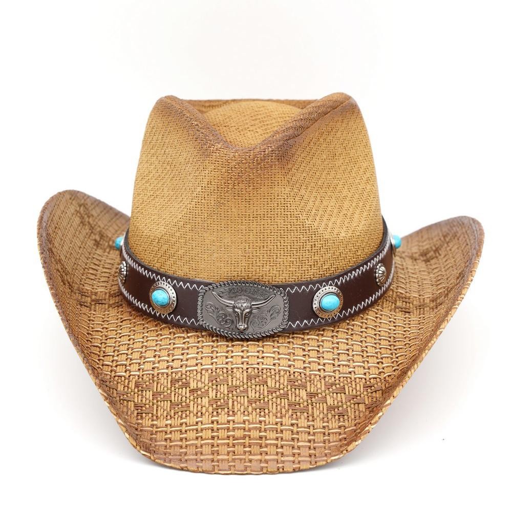 Western Straw Cowboy Hat With Turquoise Stone Concho & Bull Emblem Buckle Band - One Size - 100% Paper view 4