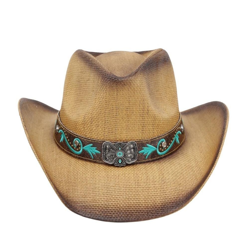 Western Straw Cowboy Hat With Turquoise Stone Concho & Bull Emblem Buckle Band - One Size - 100% Paper view 6